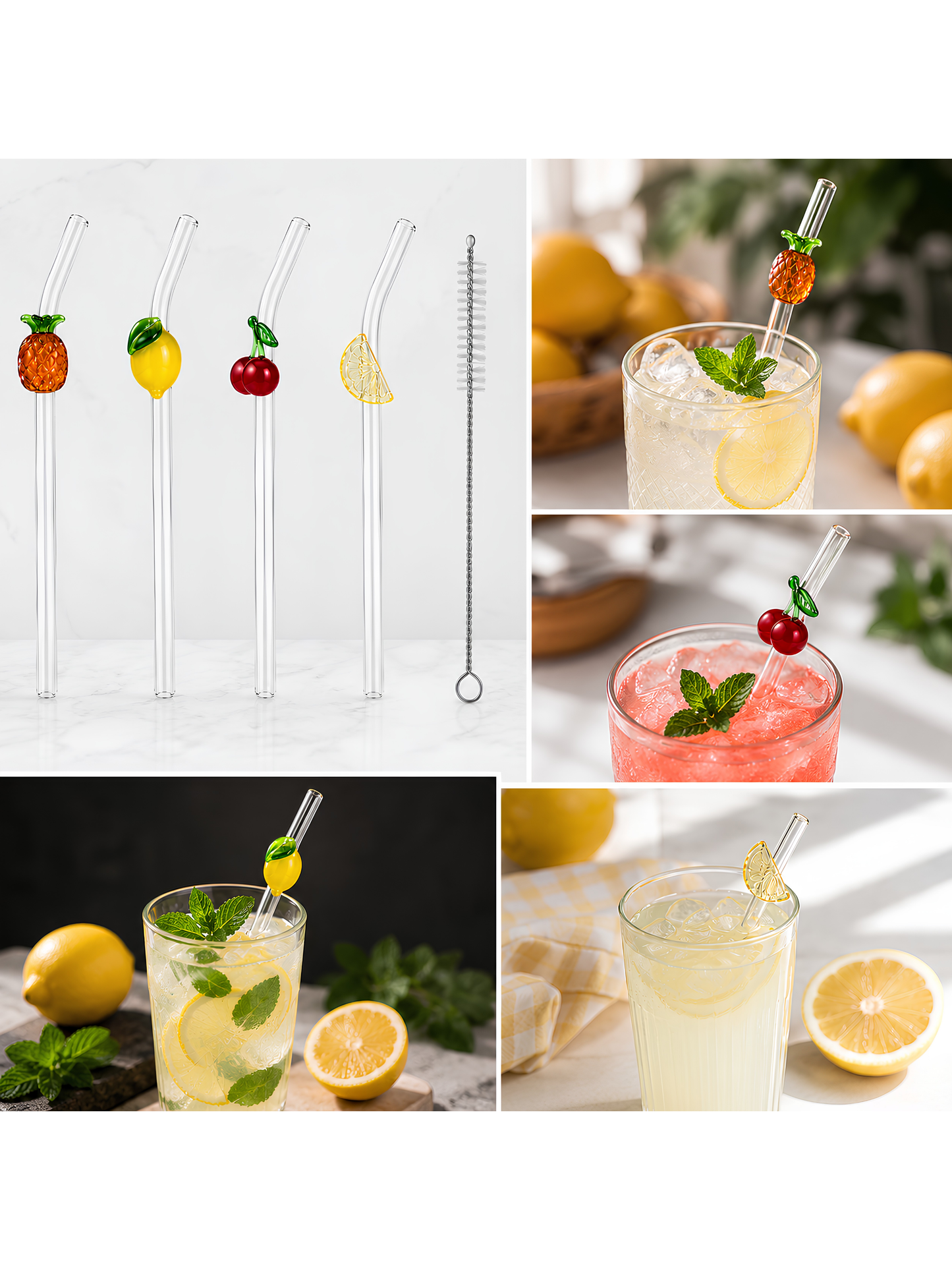 Reusable bent curved glass straws for cocktails and drinks