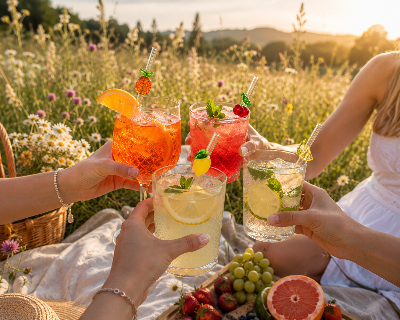 Reusable bent curved glass straws for cocktails and drinks